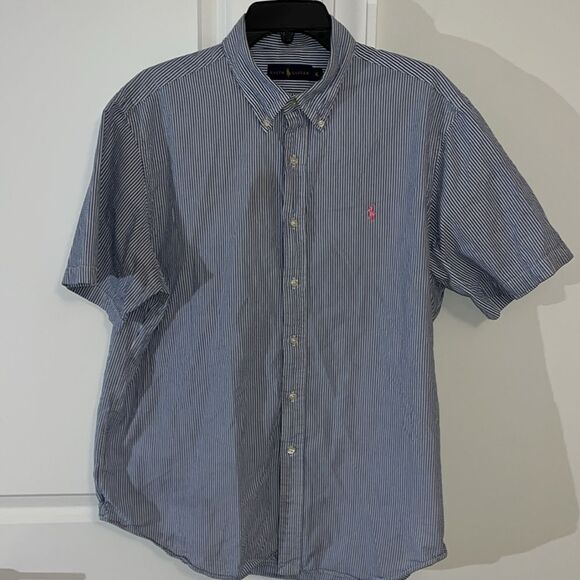Blue White Cotton seersucker Polo by Ralph Lauren pink pony shirt Short Sleeve - Picture 5 of 5